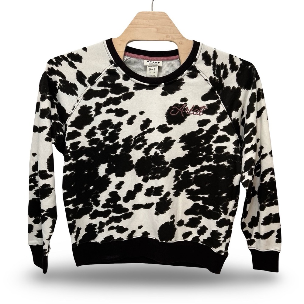 Ariat Real Cow Print Sweatshirt Womens XL Black White Western French Terry Logo